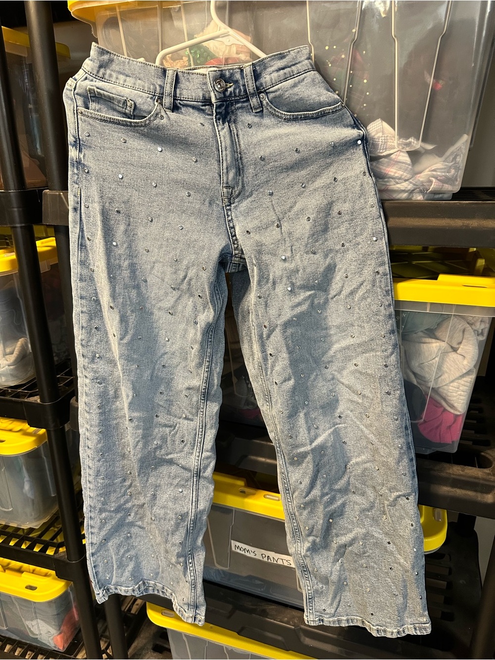 DKNY Allover Rhinestone Embellished High Rise Wide Leg Jeans – Size 25